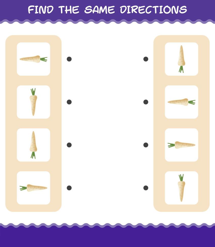 entsprechen den gleichen Richtungen der Pastinaken. Matching-Spiel. Lernspiel für Kinder und Kleinkinder im Vorschulalter vektor