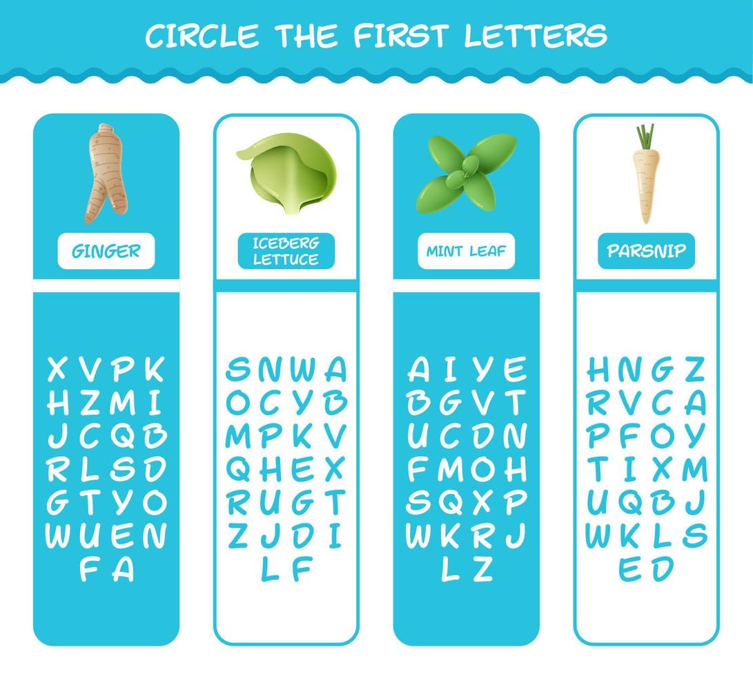 ringa in de första bokstäverna i tecknade grönsaker. matchande spel. pedagogiskt spel för barn och småbarn i förskoleåldern vektor