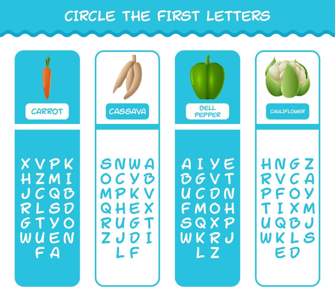 ringa in de första bokstäverna i tecknade grönsaker. matchande spel. pedagogiskt spel för barn och småbarn i förskoleåldern vektor