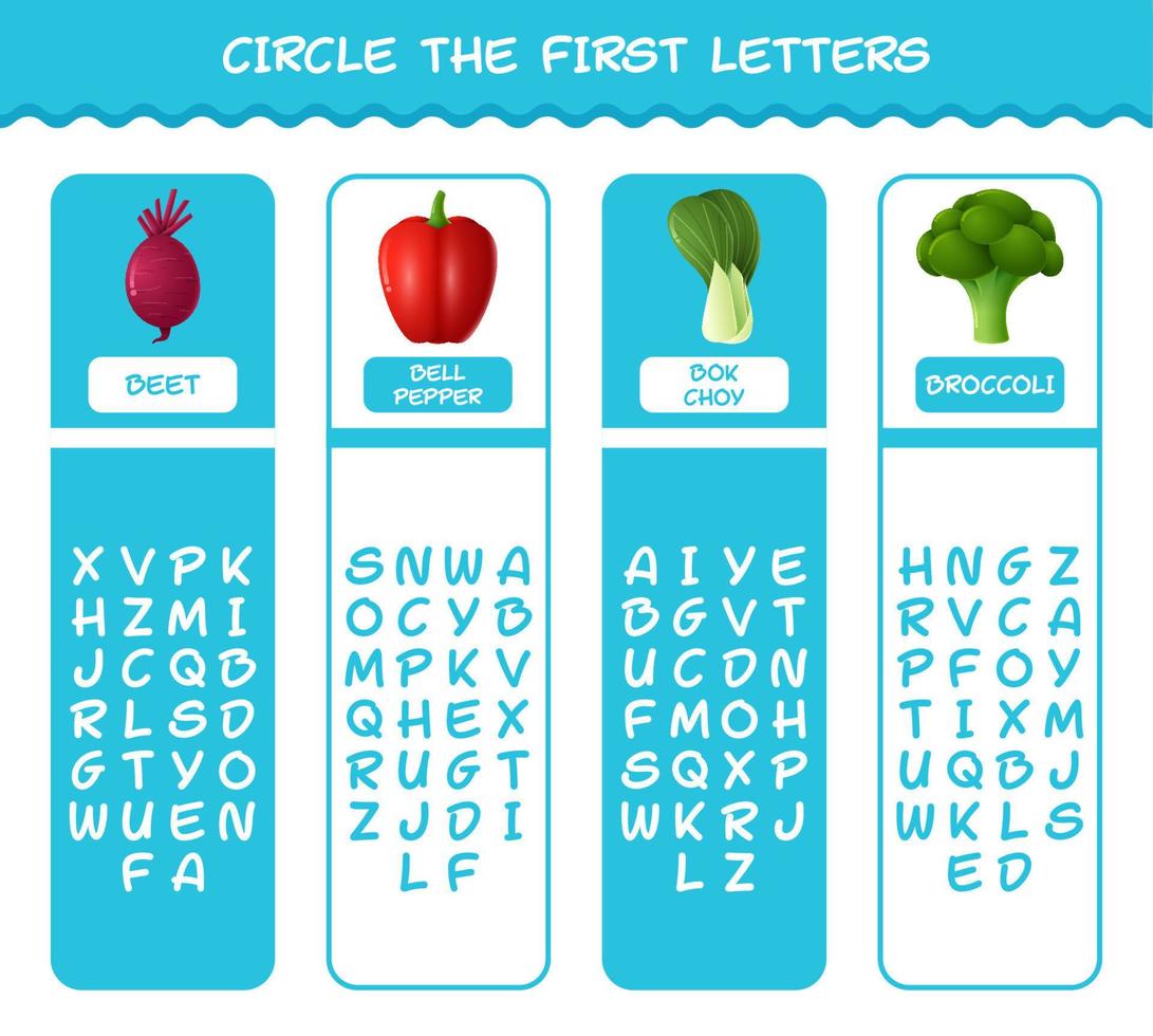 Kreisen Sie die Anfangsbuchstaben von Cartoon-Gemüse ein. Matching-Spiel. Lernspiel für Kinder und Kleinkinder im Vorschulalter vektor