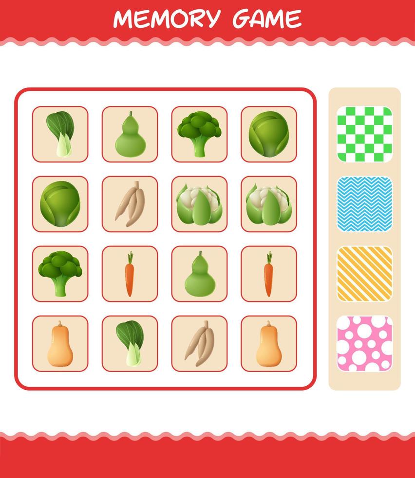 minnesspel med tecknade grönsaker. lärande kortspel. pedagogiskt spel för barn och småbarn i förskoleåldern vektor