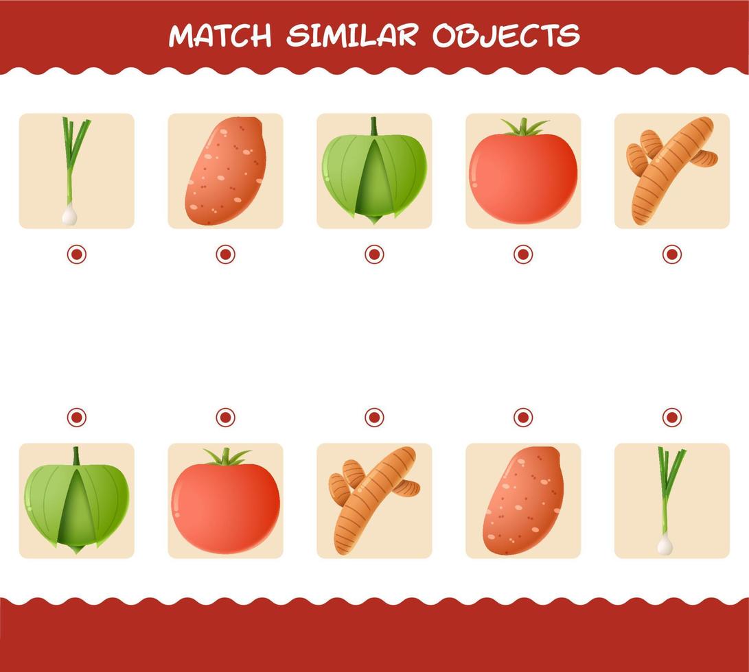 matcha liknande tecknade grönsaker. matchande spel. pedagogiskt spel för barn och småbarn i förskoleåldern vektor