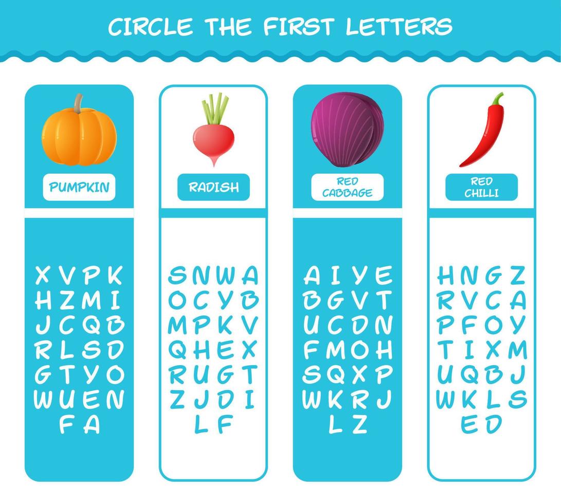 Kreisen Sie die Anfangsbuchstaben von Cartoon-Gemüse ein. Matching-Spiel. Lernspiel für Kinder und Kleinkinder im Vorschulalter vektor
