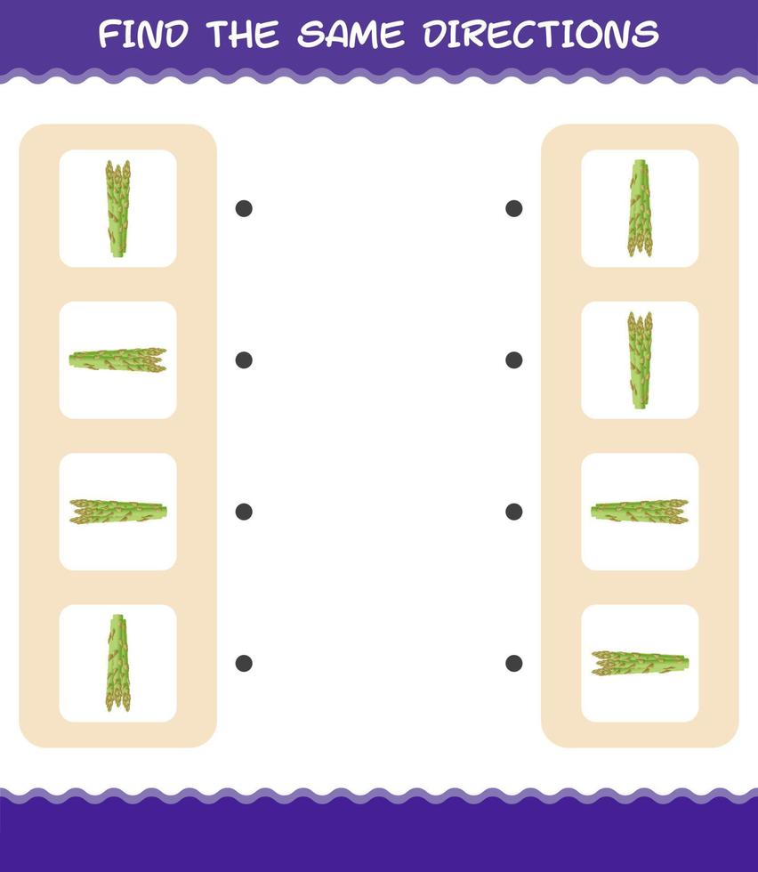 entsprechen den gleichen Richtungen von Spargel. Matching-Spiel. Lernspiel für Kinder und Kleinkinder im Vorschulalter vektor