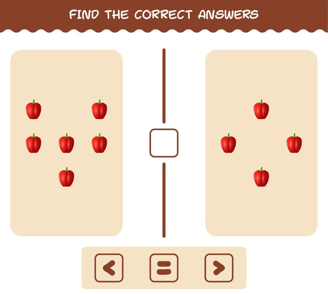 Finden Sie die richtigen Antworten von Cartoon-Paprika. Such- und Zählspiel. Lernspiel für Kinder und Kleinkinder im Vorschulalter vektor