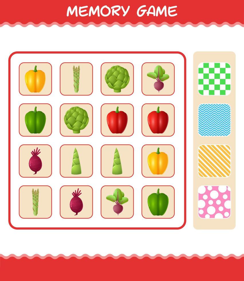 minnesspel med tecknade grönsaker. lärande kortspel. pedagogiskt spel för barn och småbarn i förskoleåldern vektor