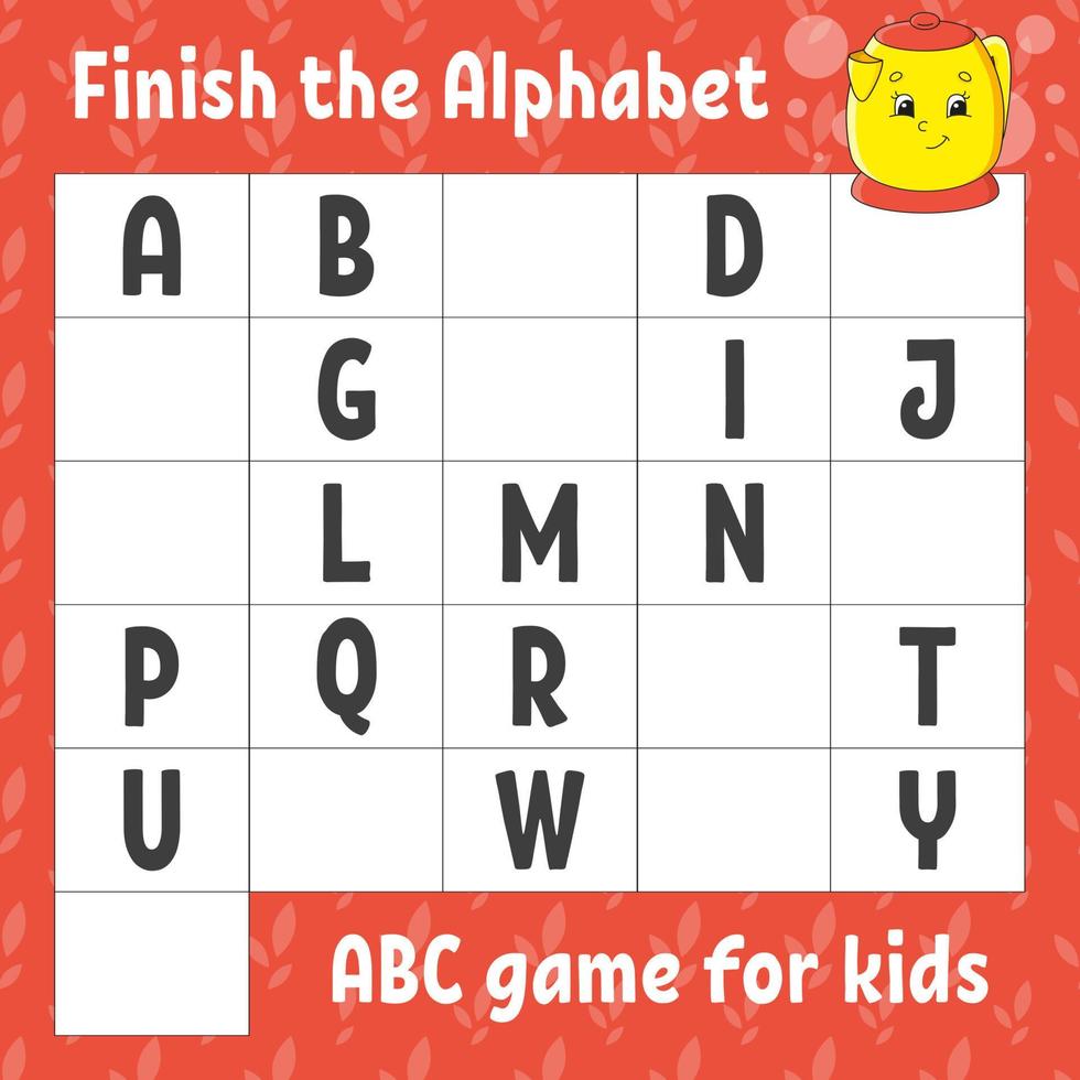 avsluta alfabetet. abc-spel för barn. utbildningsutvecklande arbetsblad. lärande spel för barn. färgaktivitetssida. vektor