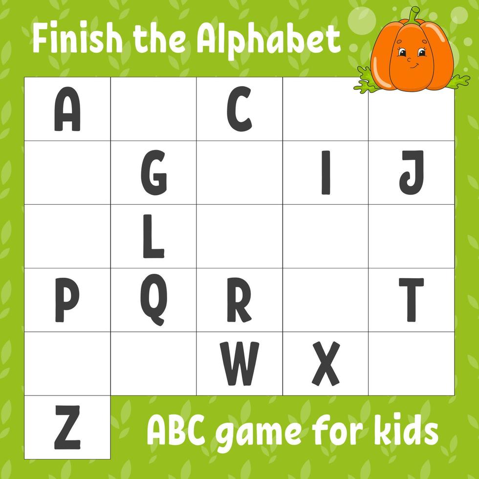 beende das Alphabet. ABC-Spiel für Kinder. Arbeitsblatt zur Bildungsentwicklung. Lernspiel für Kinder. Farbaktivitätsseite. vektor