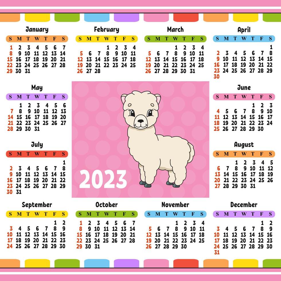 Kalender für 2023 mit niedlichem Charakter. Spaß und helles Design. isolierte Farbvektorillustration. Cartoon-Stil. vektor