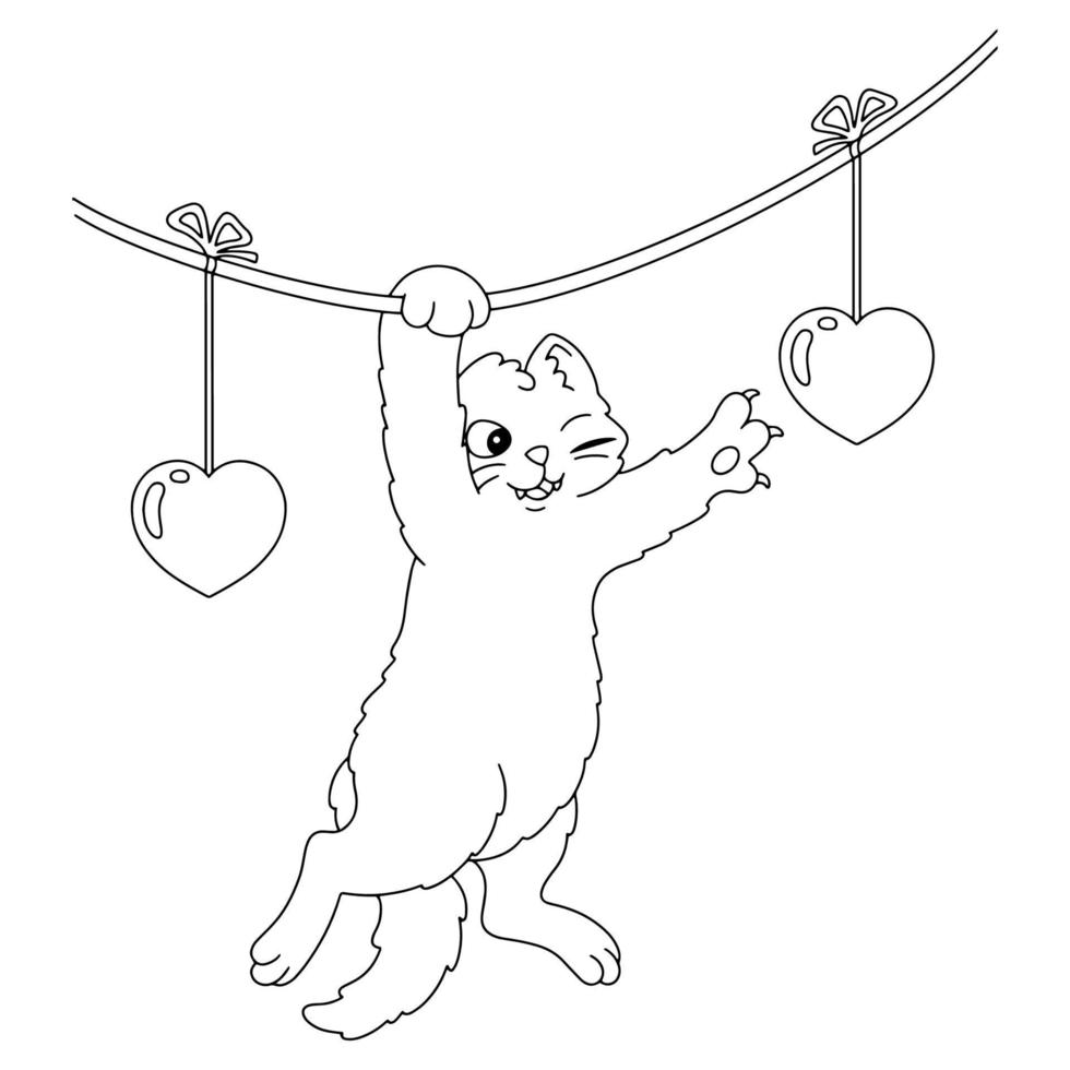 katten hänger på en krans. målarbok sida för barn. alla hjärtans dag. seriefigur. vektor illustration isolerad på vit bakgrund.