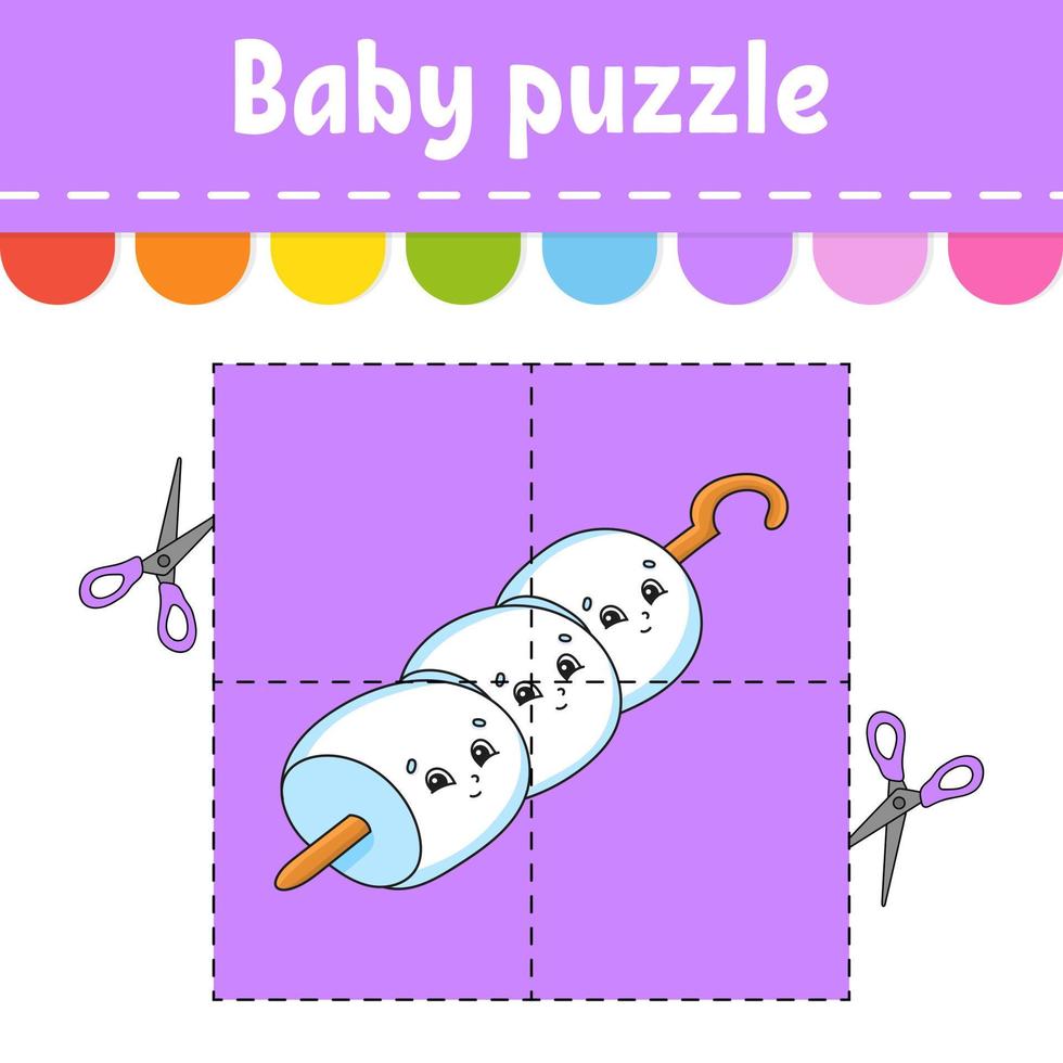 Baby-Puzzle. leichtes Niveau. Flash-Karten. schneiden und spielen. Arbeitsblatt zur Farbaktivität. Spiel für Kinder. Zeichentrickfigur. vektor