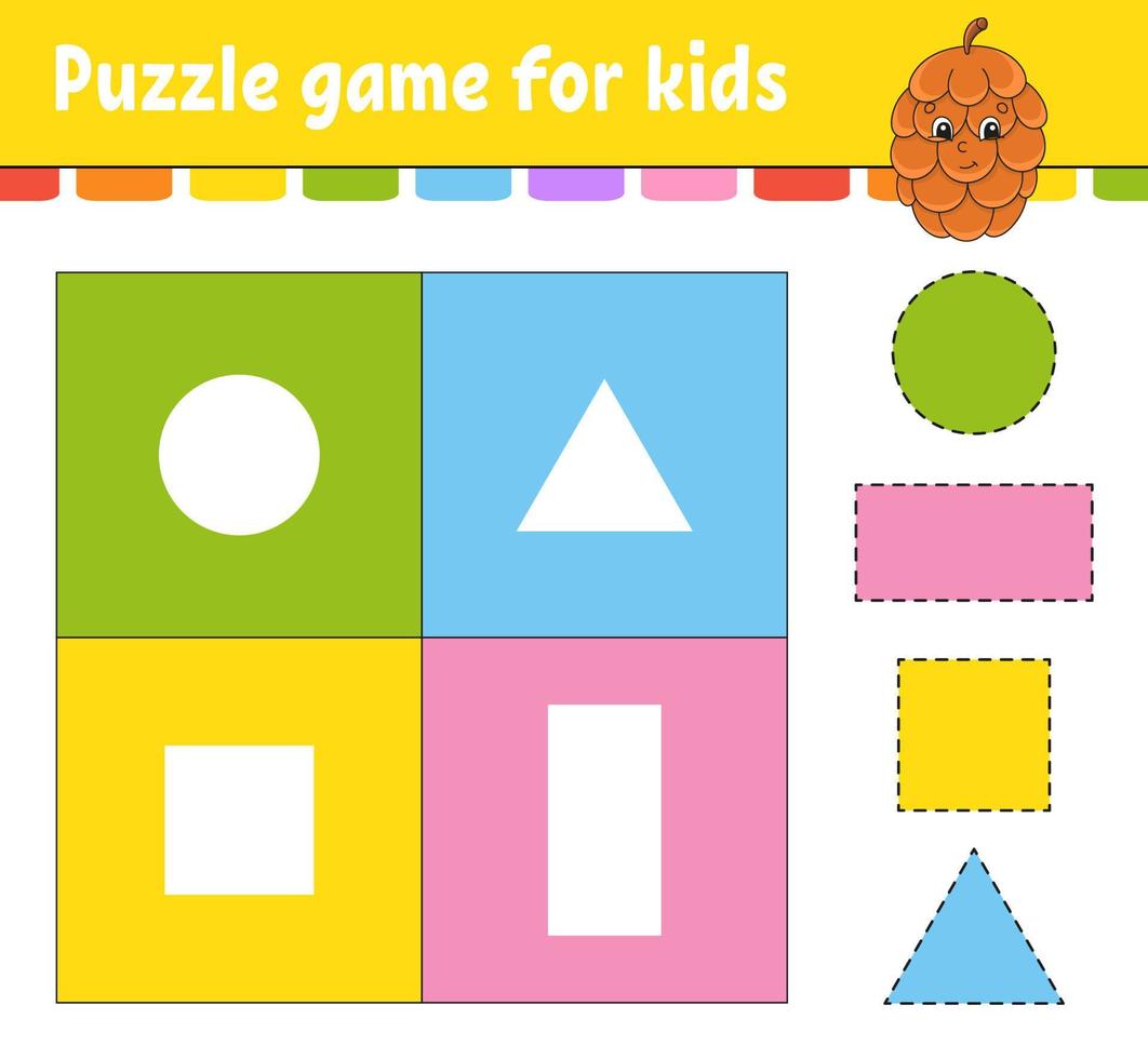 Puzzlespiel für Kinder. Ausschneiden und Einfügen. Schneidpraxis. Formen lernen. Bildungsarbeitsblatt. Kreis, Quadrat, Rechteck, Dreieck. Aktivitätsseite. Zeichentrickfigur. vektor