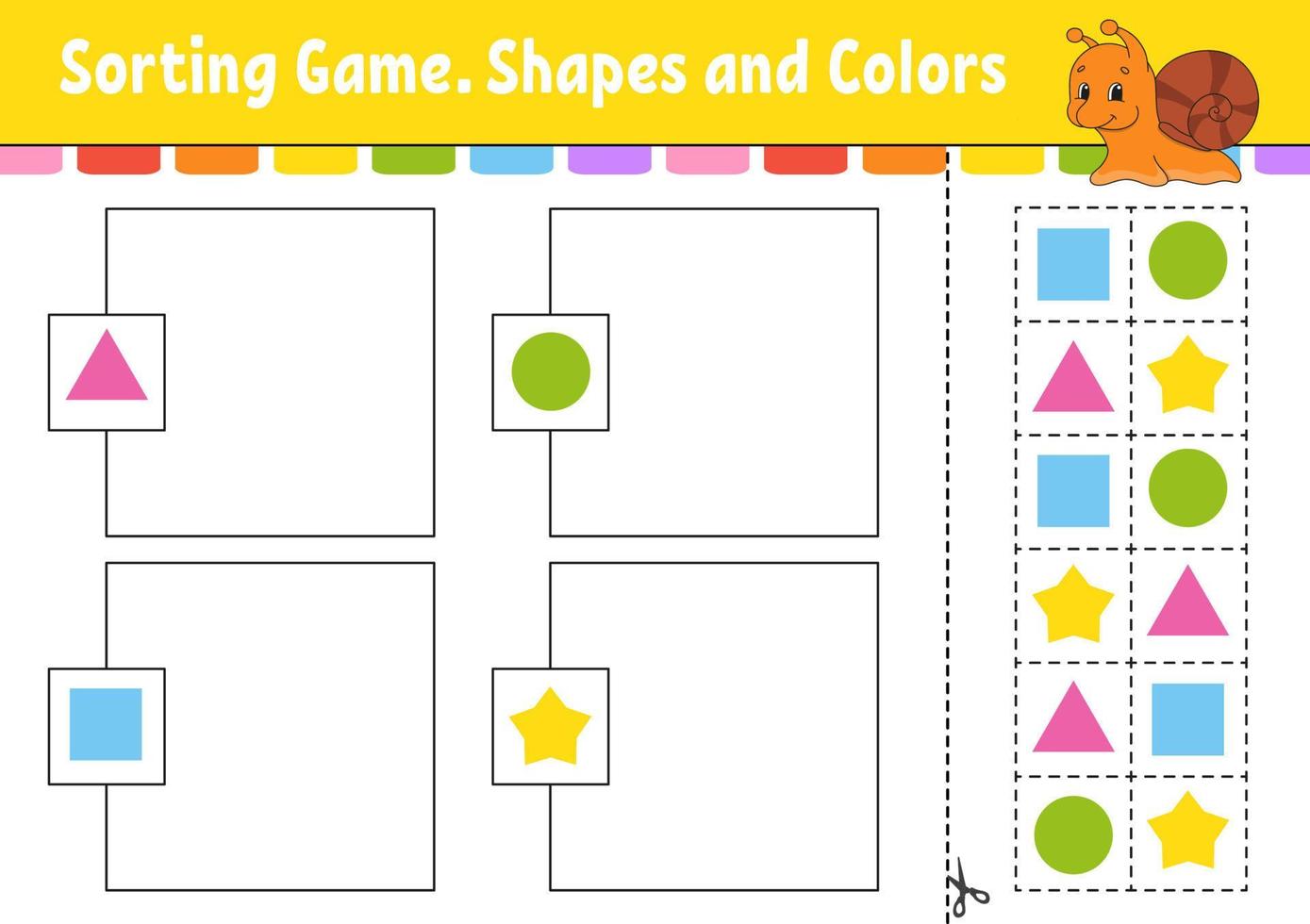 sorteringsspel. former och färger. klipp och klistra. utbildningsutvecklande arbetsblad. spel för barn. färgaktivitetssida. pussel för barn. söt karaktär. vektor illustration. tecknad stil.