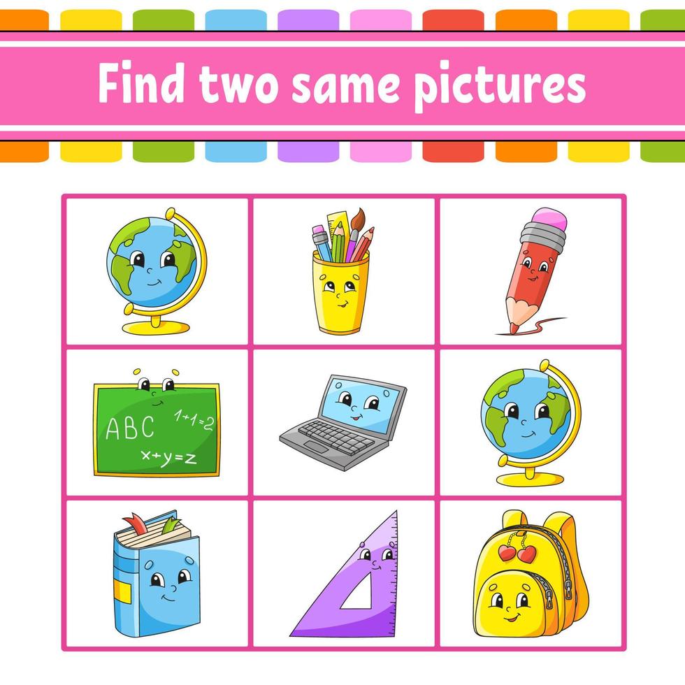 Finden Sie zwei gleiche Bilder. Aufgabe für Kinder. arbeitsblatt zur bildungsentwicklung. Aktivitätsseite. Farbspiel für Kinder. lustiger Charakter. isolierte vektorillustration. Cartoon-Stil. vektor