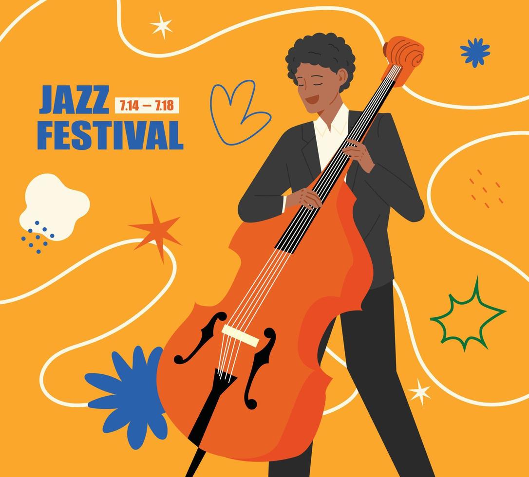 ein jazz-bassist im anzug tritt auf. Jazz-Festival-Plakat. flache Designart-Vektorillustration. vektor