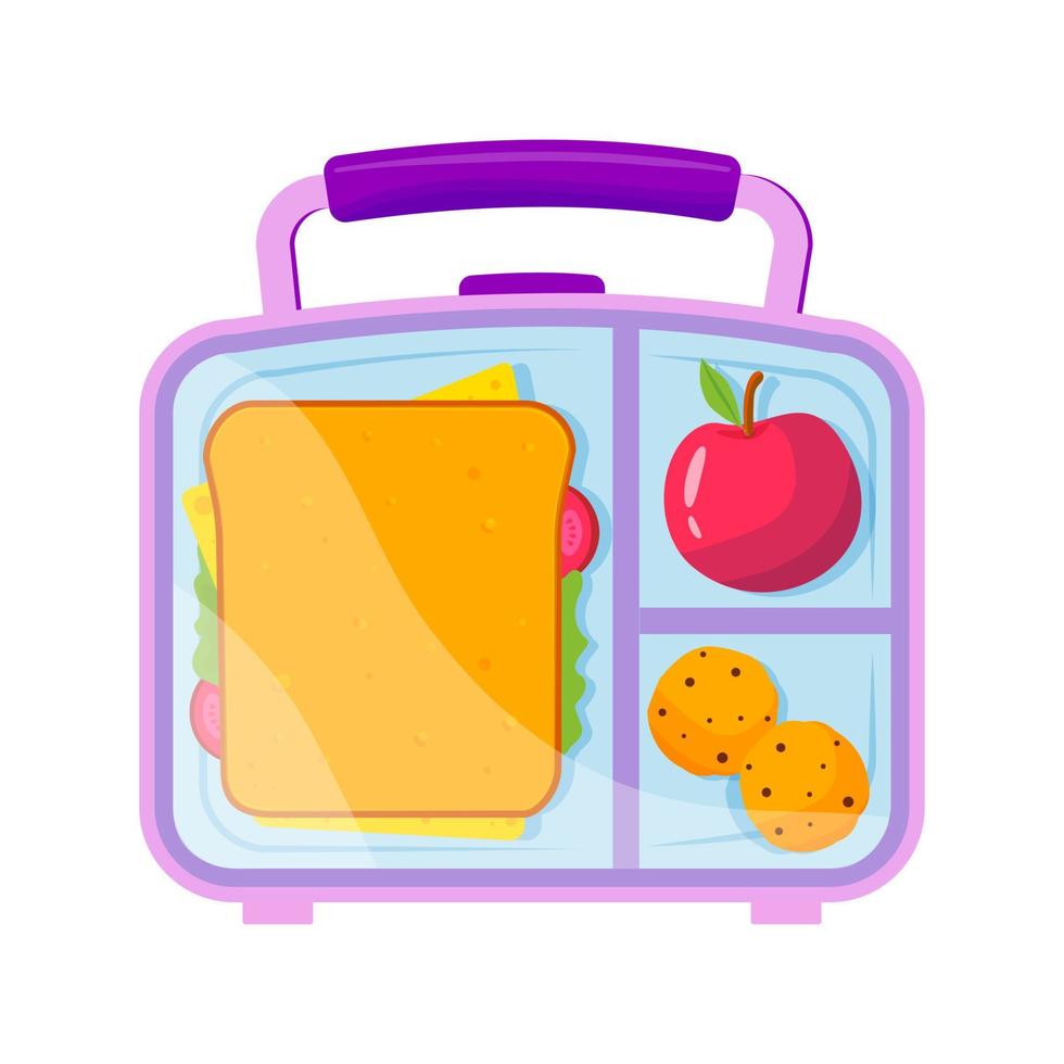 Brotdose mit Schulessen, Apfel, Sandwich und Keksen. gesundes essen für kinder und studenten flache vektorillustration isoliert auf weißem hintergrund. vektor
