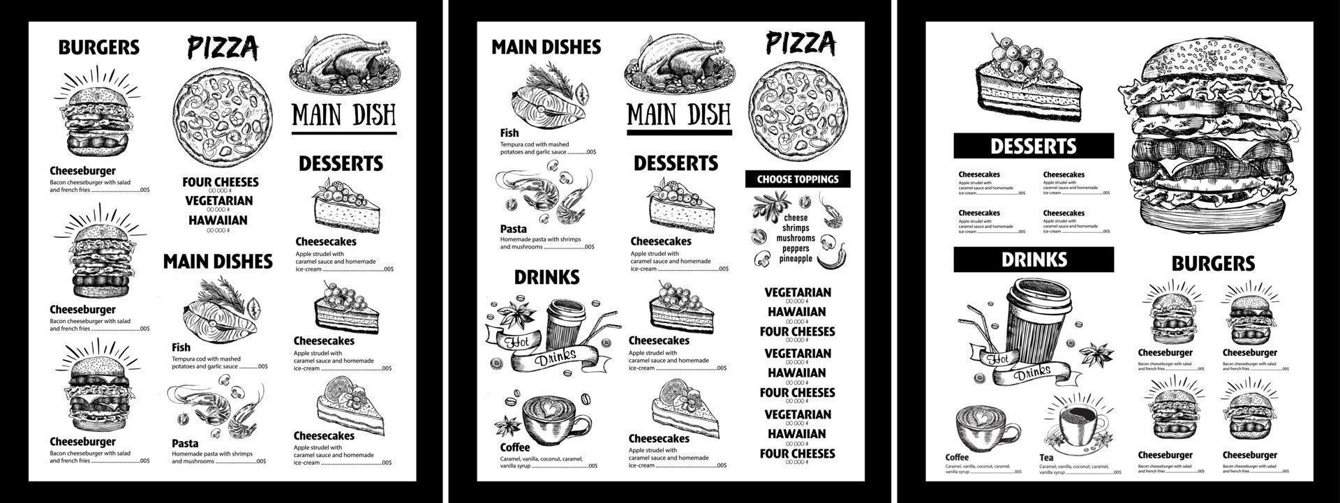 menyrestaurangbroschyr. flygblad med handritad grafik. vektor