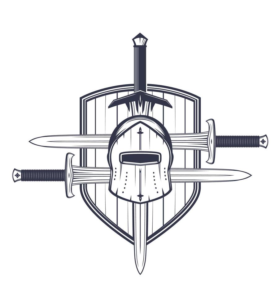 Mittelalterlicher Helm, Schwerter und Schild, Vektorelemente für Emblem vektor