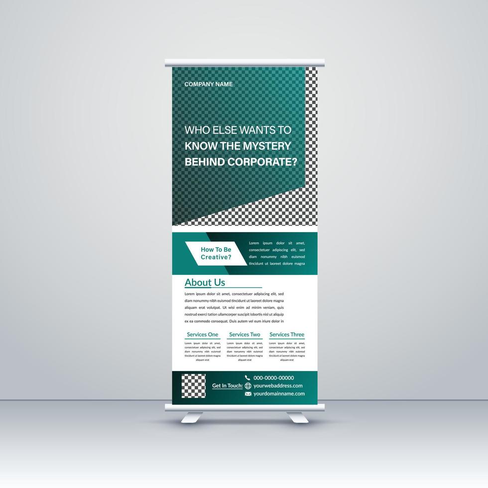 modern corporate business roll-up banner stativ malldesign. marknadsföringsutställning för konferensen, promobannerutställning, tryckning, presentation och visning, flaggbanner, för seminarium vektor