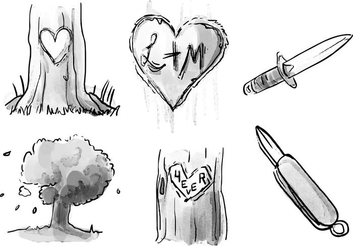 Heart Carved Tree Akvarell Vector Set