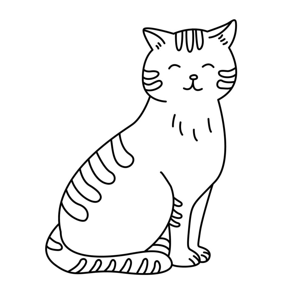 sitzende süße Katze im Doodle-Stil. handgezeichnete Abbildung. isolierter schwarzer Umriss. vektor