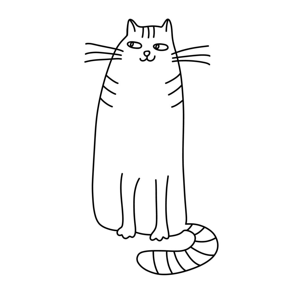 sitzende schlaue Katze im Doodle-Stil. hand gezeichnete vektorillustration. isolierter schwarzer Umriss. vektor