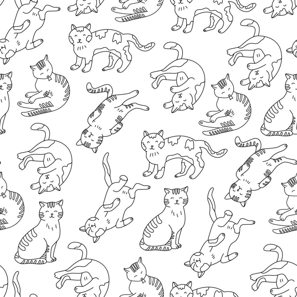 Nahtloses Muster mit Katzen im Doodle-Stil. hand gezeichnete vektorillustration auf weißem hintergrund. ideal für Stoffe, Tapeten, Geschenkpapier, Malbücher. schwarzer Umriss. vektor