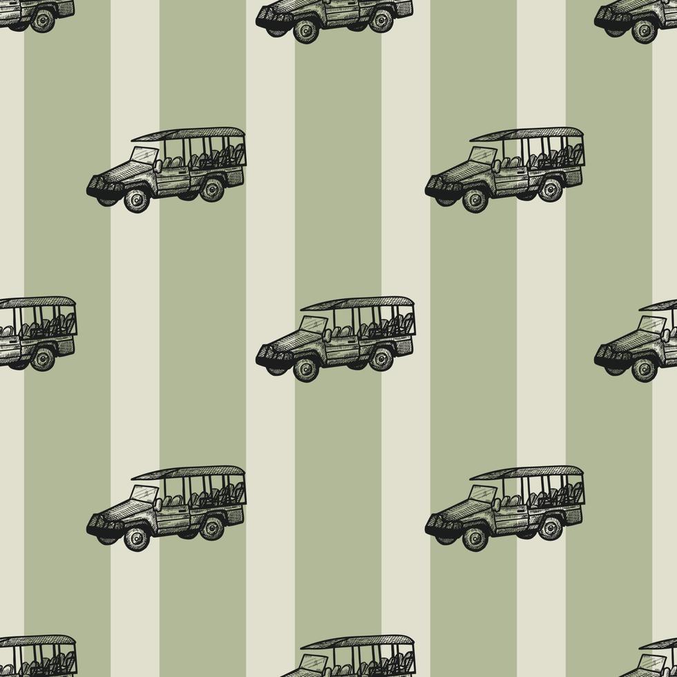 safari buss graverade sömlösa mönster. vintage äventyr terrängbil i handritad stil. vektor