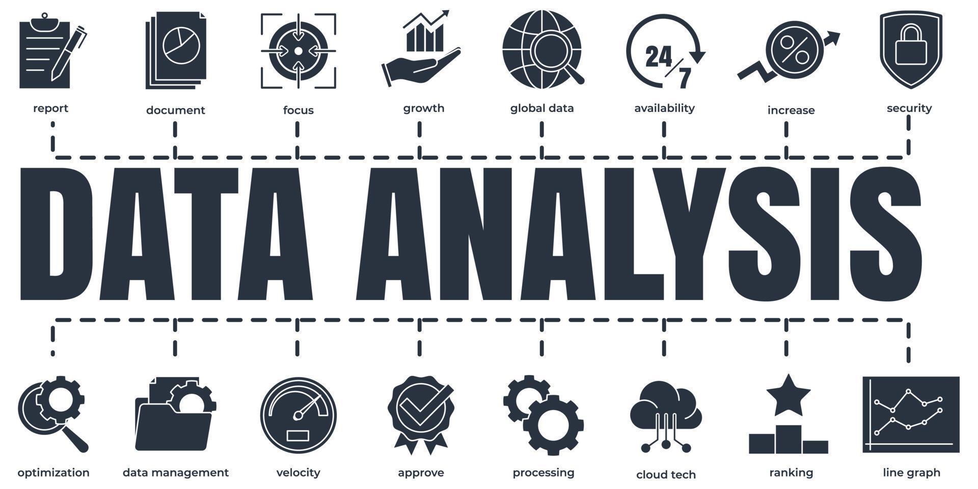 dataanalys banner web ikonuppsättning. ökning, hastighet, bearbetning, tillgänglighet, linjediagram och etc vektor illustration koncept.