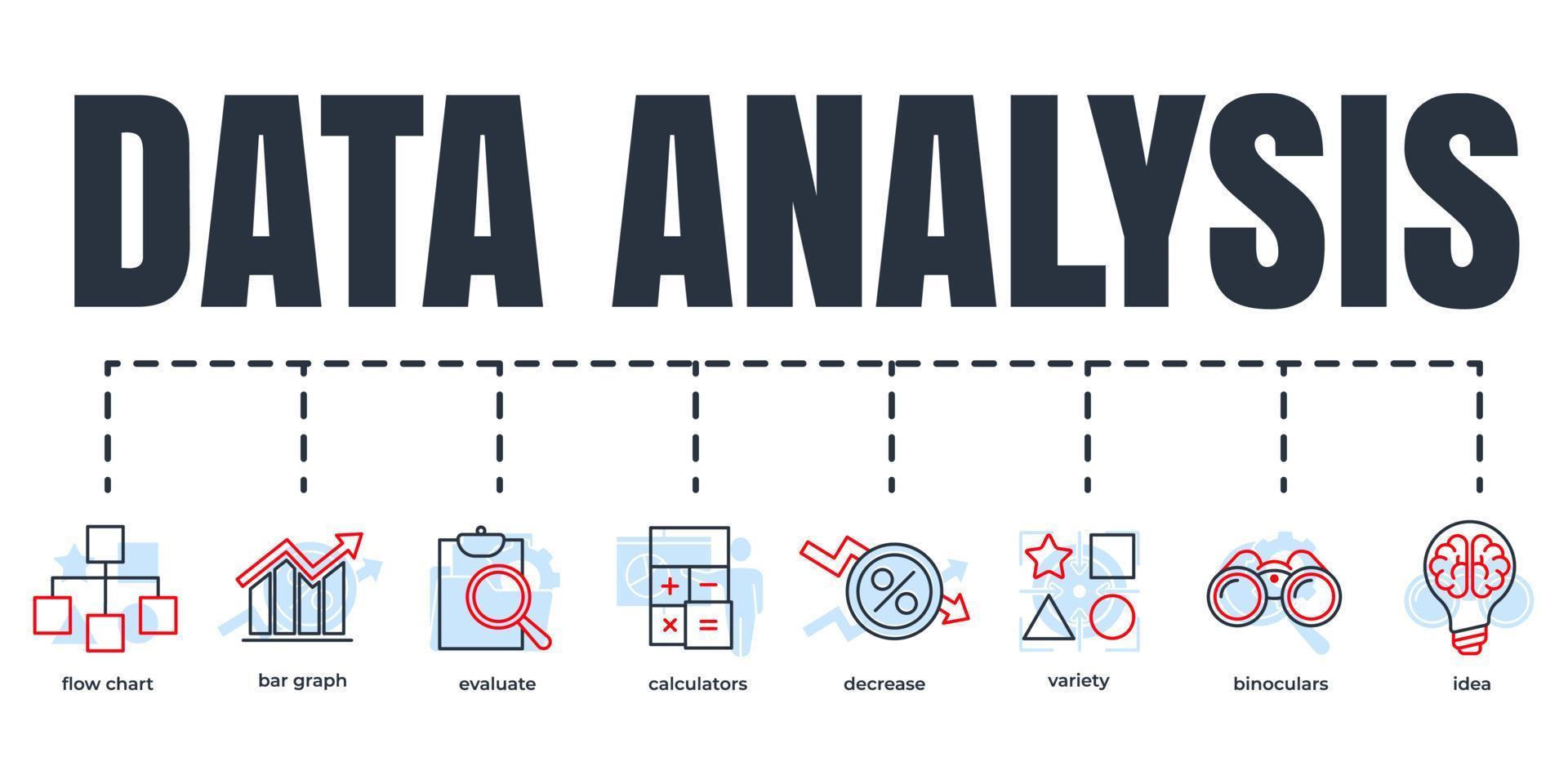 Datenanalyse-Banner-Web-Icon-Set. fernglas, flussdiagramm, balkendiagramm, vielfalt, rechner, idee, bewerten, vektorillustrationskonzept verringern. vektor