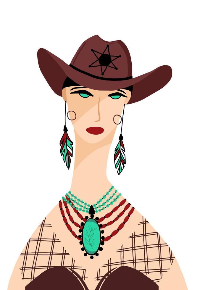 cowboy flicka i sheriff hatt. kvinnligt porträtt ritat för hand. abstrakt vilda västern tema. vektor illustration.