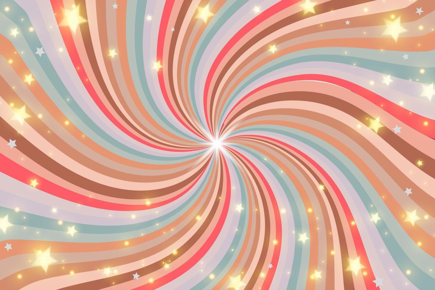 Regenbogenstrudelhintergrund mit Sternen und Scheinen. radialer pastellverlauf der verdrehten spirale. Vektor-Illustration. vektor