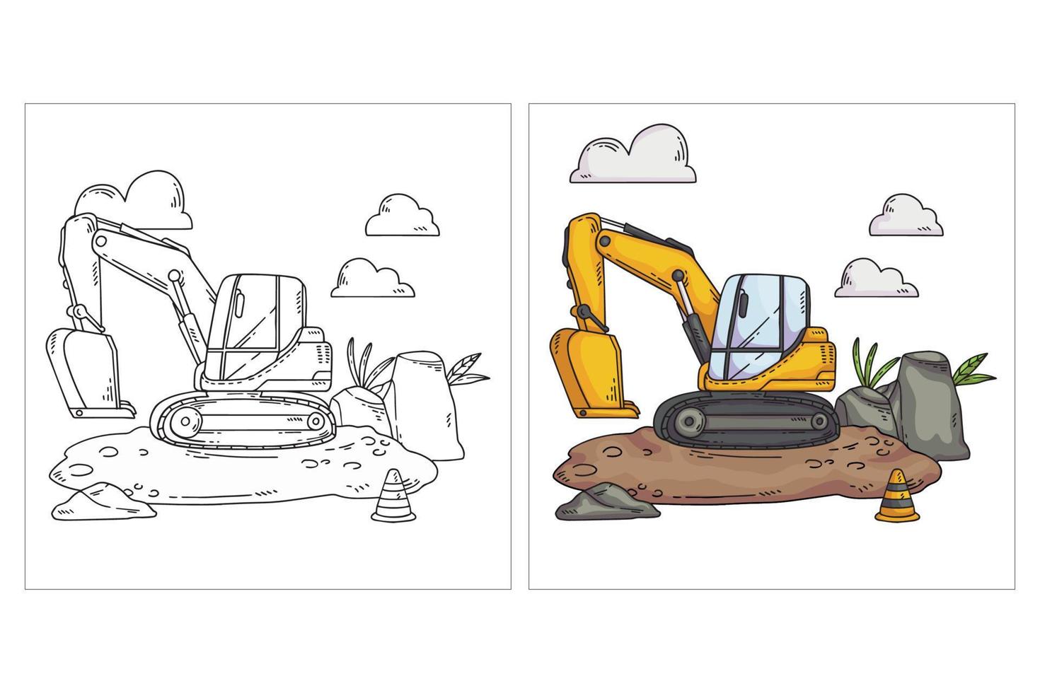 handgezeichnetes niedliches baufahrzeug zum ausmalen von seitenbaggern vektor