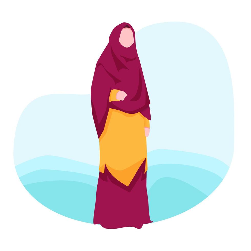 Illustration einer gesichtslosen muslimischen Frau, die steht. eine gesichtslose muslimische frau, die ein gelbes kleid und einen roten hijab trägt. vektor