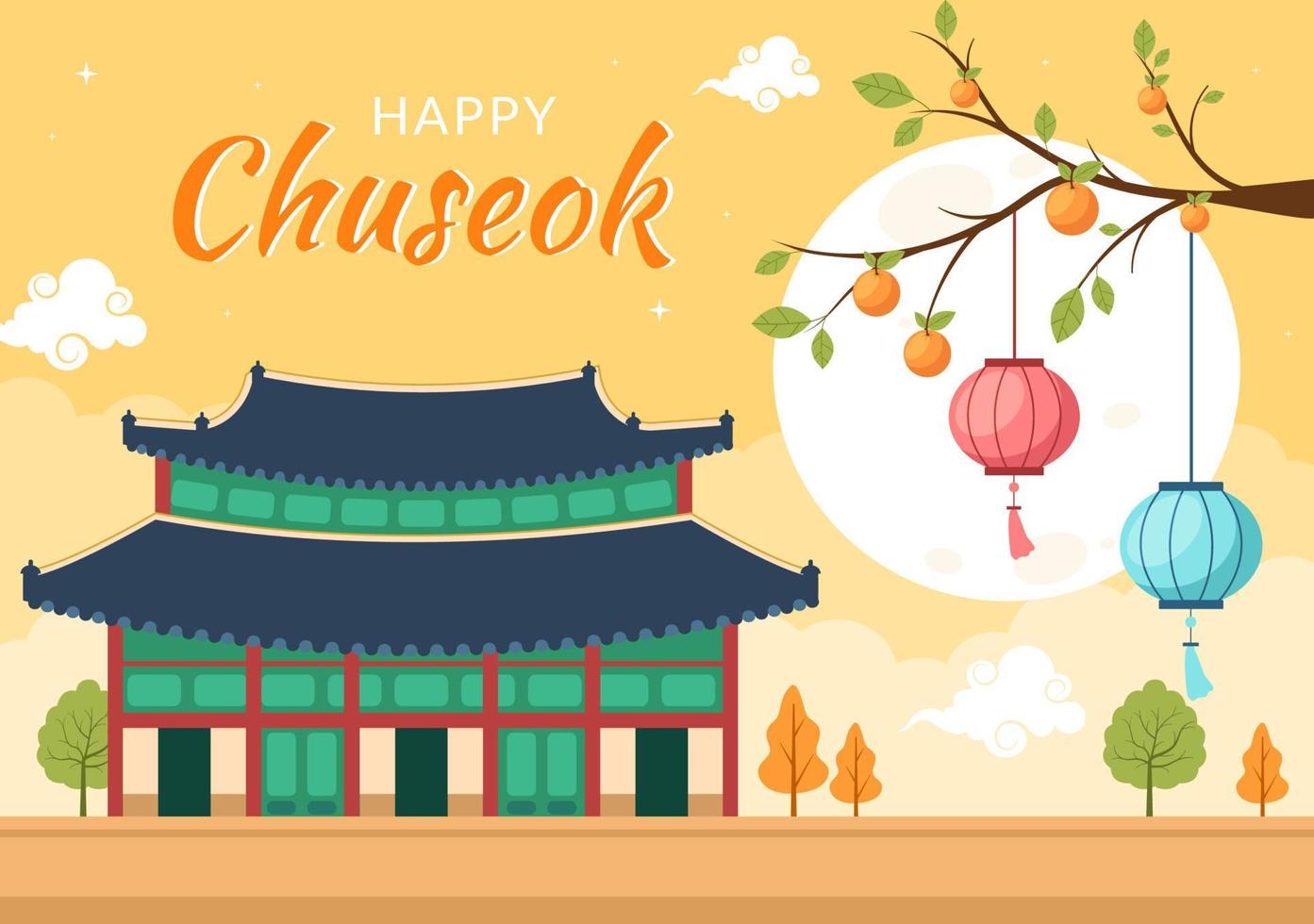 glücklicher chuseok-tag in korea zum erntedankfest mit kalligrafietext, vollmond und himmellandschaft in flacher karikaturillustration vektor