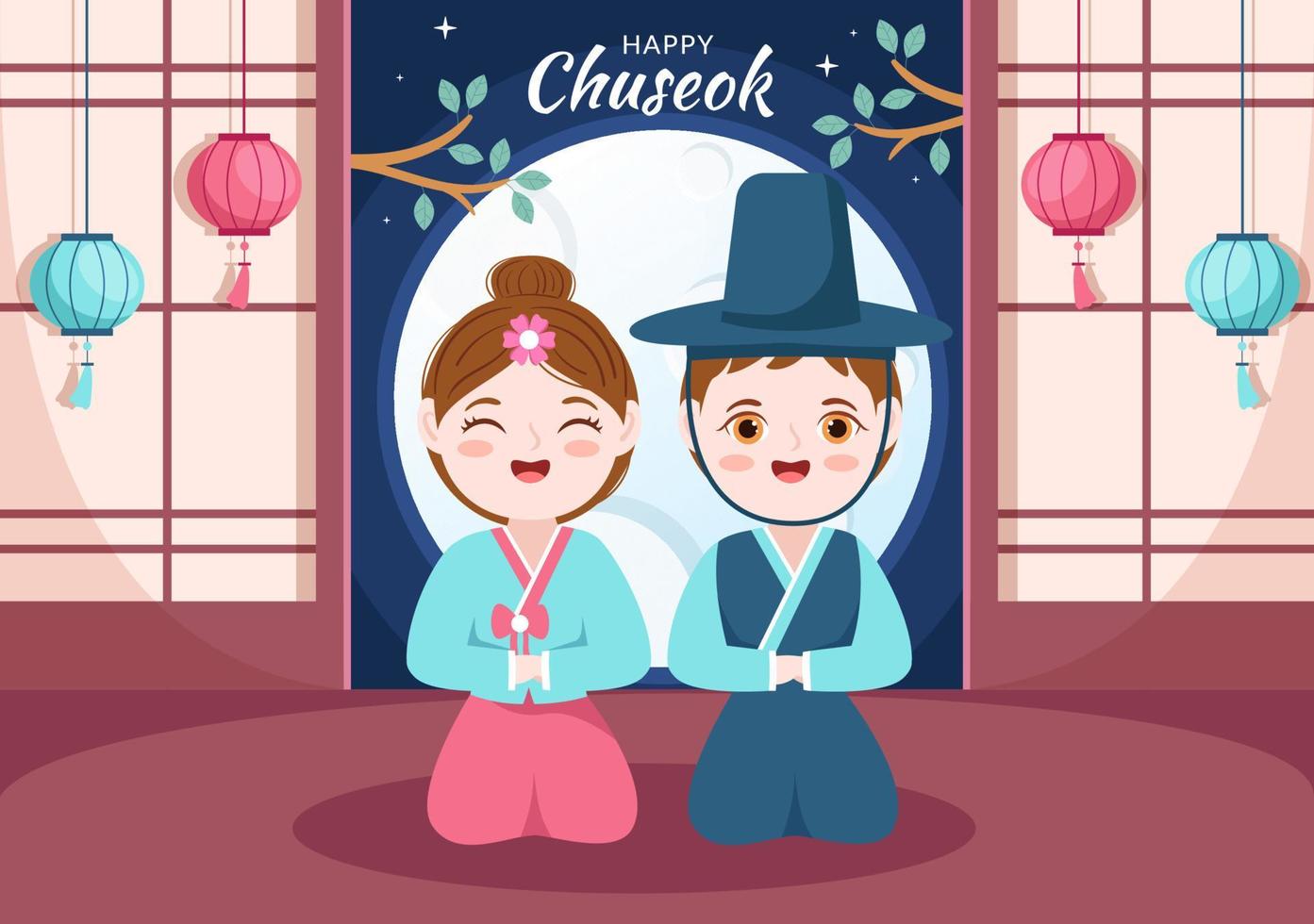 glücklicher chuseok-tag in korea zum erntedankfest mit menschen in traditioneller hanbok-, vollmond- und himmellandschaft in flacher karikaturillustration vektor