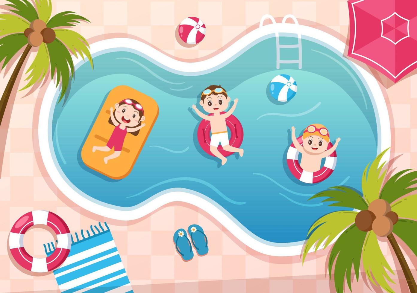 wasserpark mit schwimmbad, unterhaltung, rutsche, palmen und kindern schwimmen zur erholung und spielplatz im freien in flacher karikaturillustration vektor