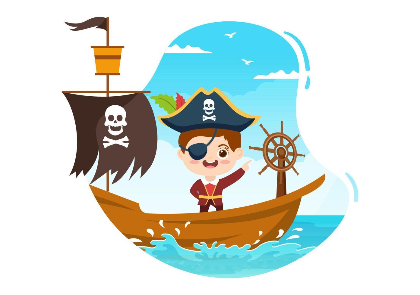 niedliche piraten-cartoon-figur-illustration mit holzrad, truhe, vintage-karibik, piraten und jolly roger auf schiff auf meer oder insel vektor