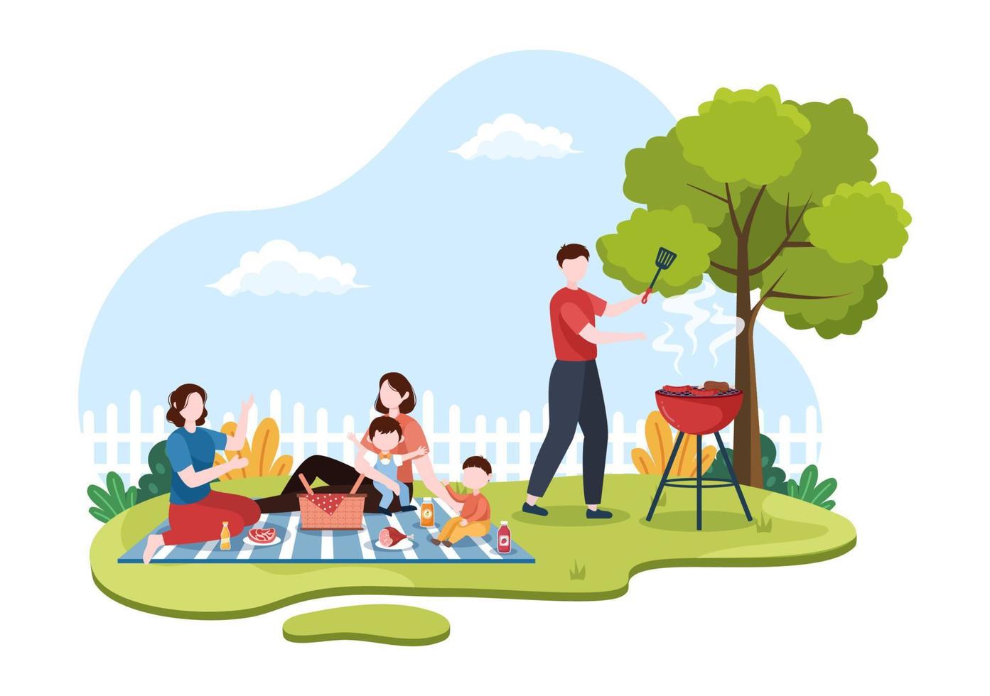 bbq eller grill med biffar på grillen, tallrikar, korv, kyckling, grönsaker och människor på picknick eller fest i parken i platt tecknad illustration vektor