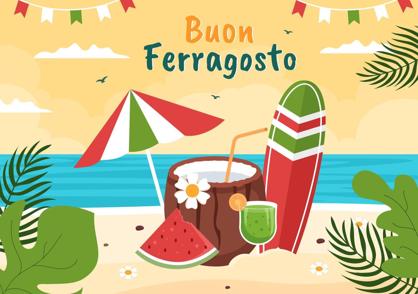 buon ferragosto italienisches sommerfest in der strandkarikaturillustration am feiertag, der am 15. august im flachen design gefeiert wird vektor