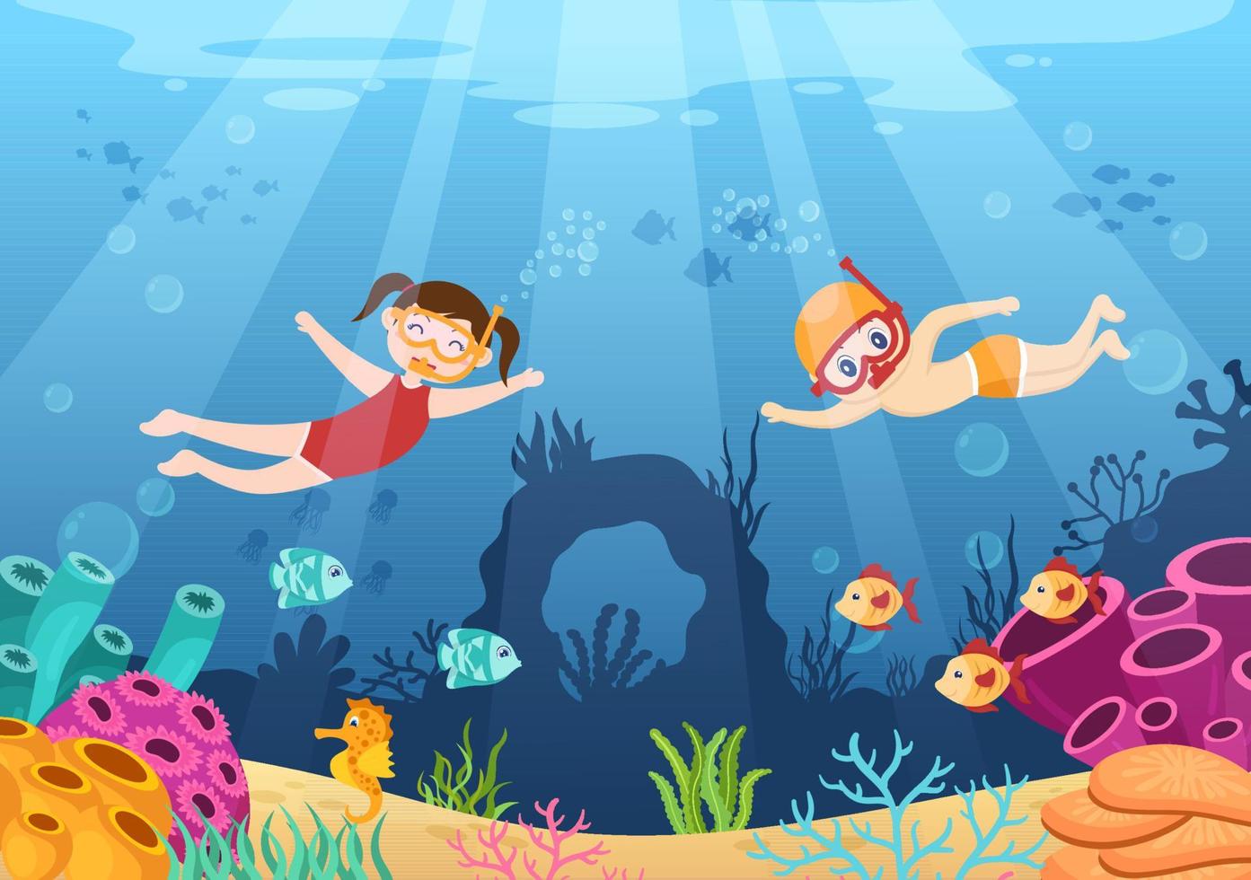 Kinder schnorcheln beim Unterwasserschwimmen und erkunden Meer, Korallenriffe oder Fische im Ozean in flacher Cartoon-Vektorillustration vektor