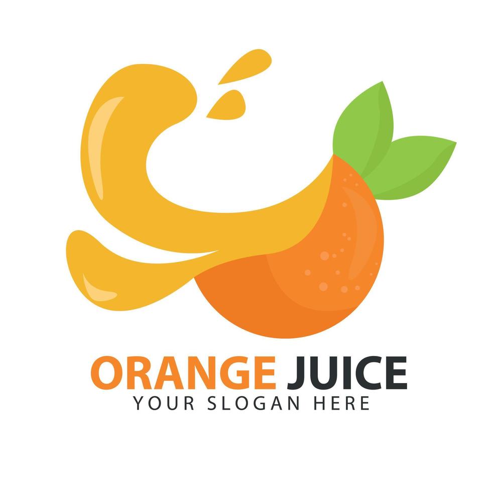 Orangensaft-Logo. Designillustration von frischen Zitrusfrüchten mit saftigem Spritzer vektor