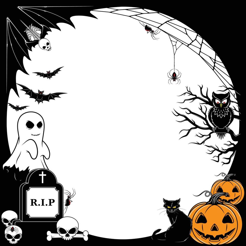 Rahmenvektordesign für mit charakteristischen Elementen von Halloween mit Fledermäusen, Spinnen und Totenköpfen vektor