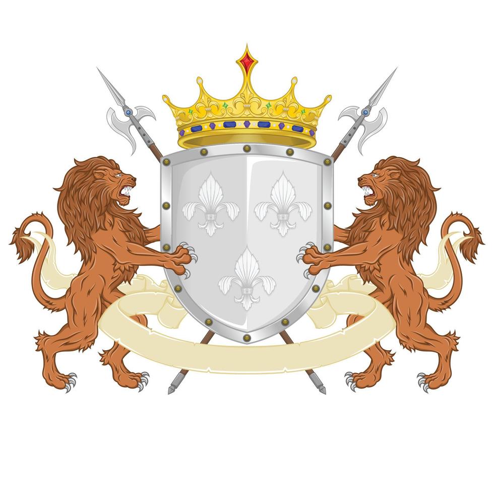 bekrönter heraldischer Schild mit drei silbernen Lilien, flankiert von zwei zügellosen Löwen und Hellebarden vektor