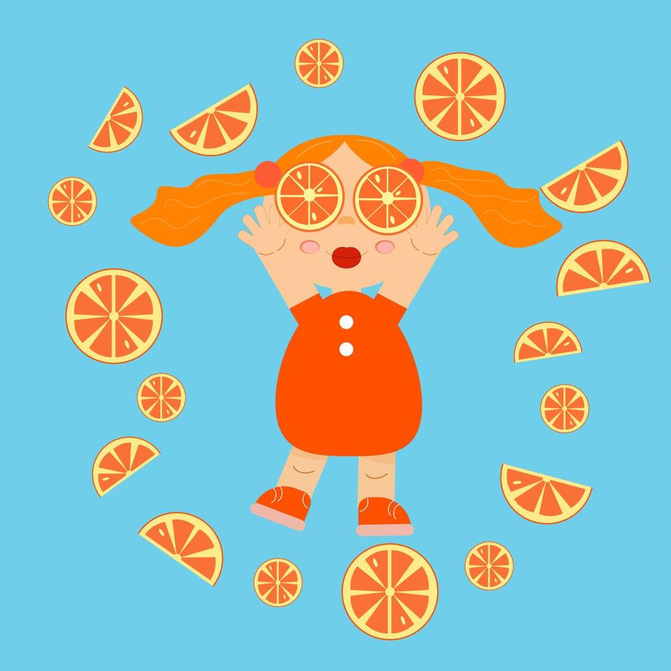 süßes Mädchen mit Orangen. der hintergrund ist blau mit orangefarbenen stücken. flache illustration der karikatur. vektor