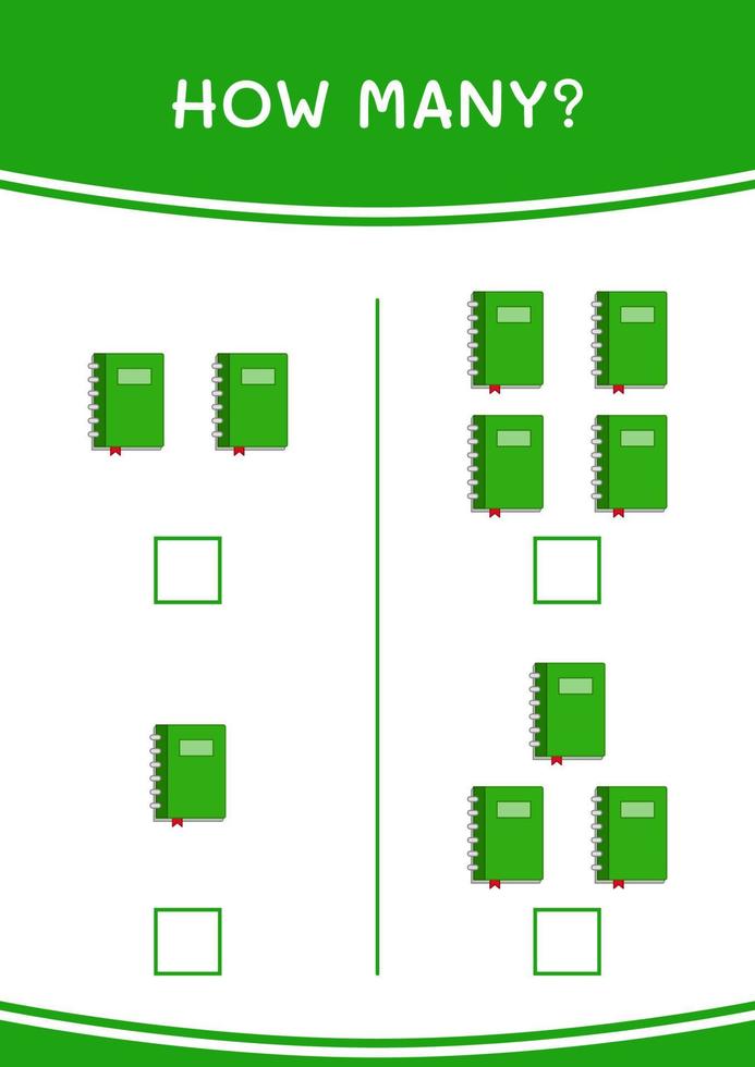 hur många av anteckningsbok, spel för barn. vektor illustration, utskrivbart kalkylblad