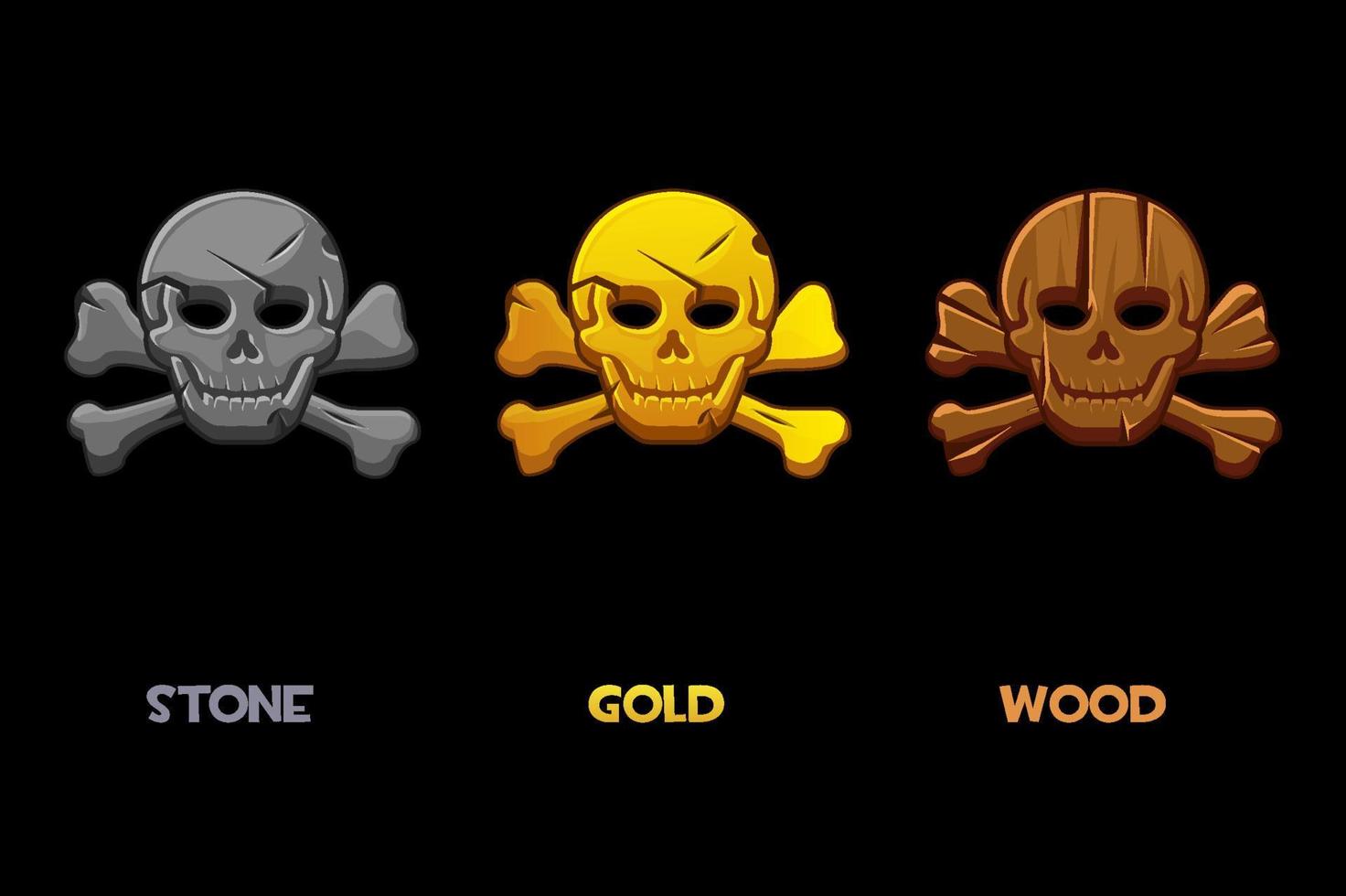 piratsvart märke, tecknad skalle med ben. vektor illustration uppsättning ikoner av en skrämmande mänsklig skalle för spelet.