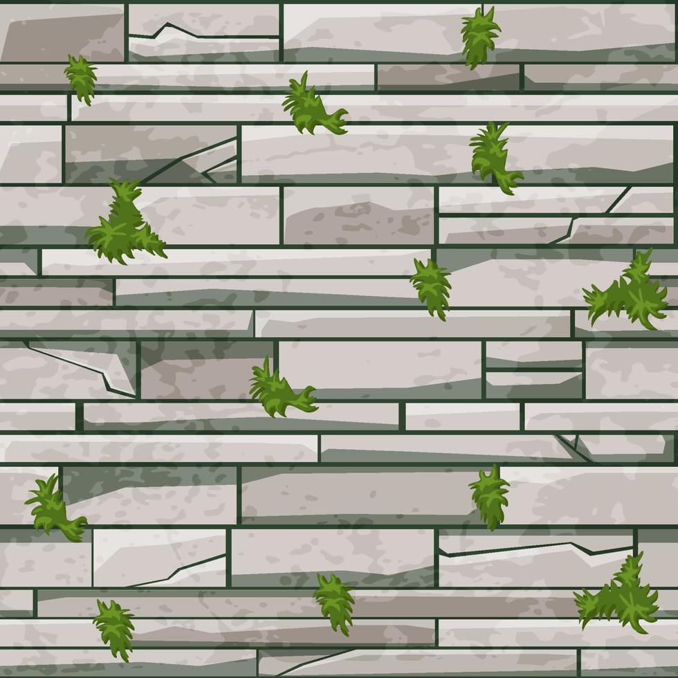 Nahtlose Textur Steinmauer, graues Muster mit Gras für Design. Vektorillustration eines alten Hintergrunds für Spieltapeten. vektor