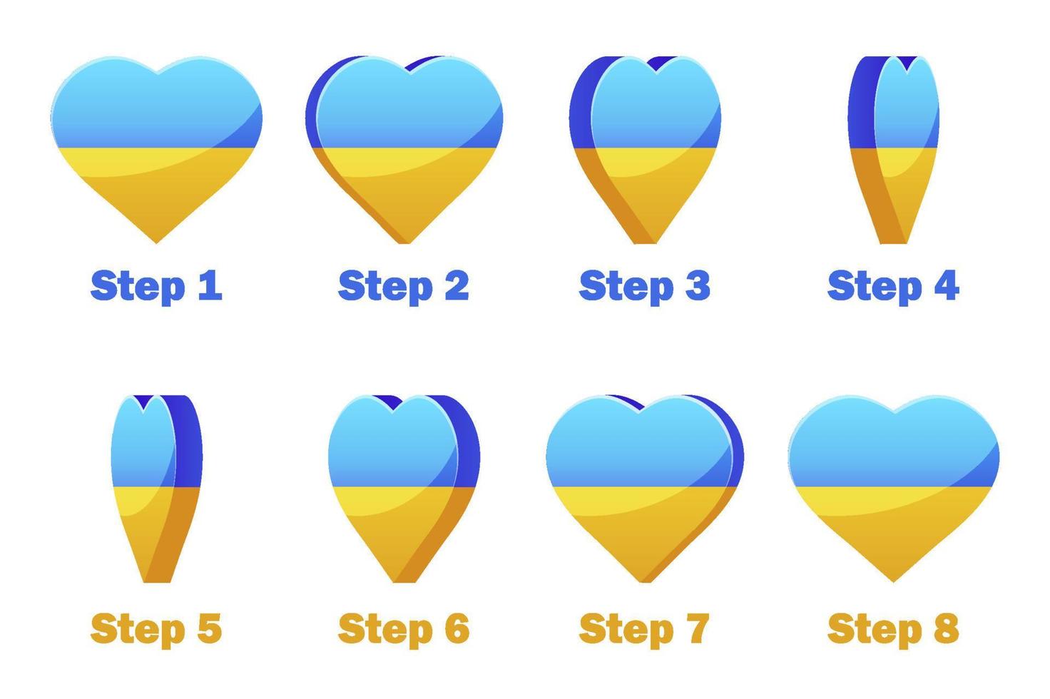 animation ukrainska hjärtat i färgerna på den ukrainska flaggan. steg för steg animering av hjärtat runt dess axel vektor