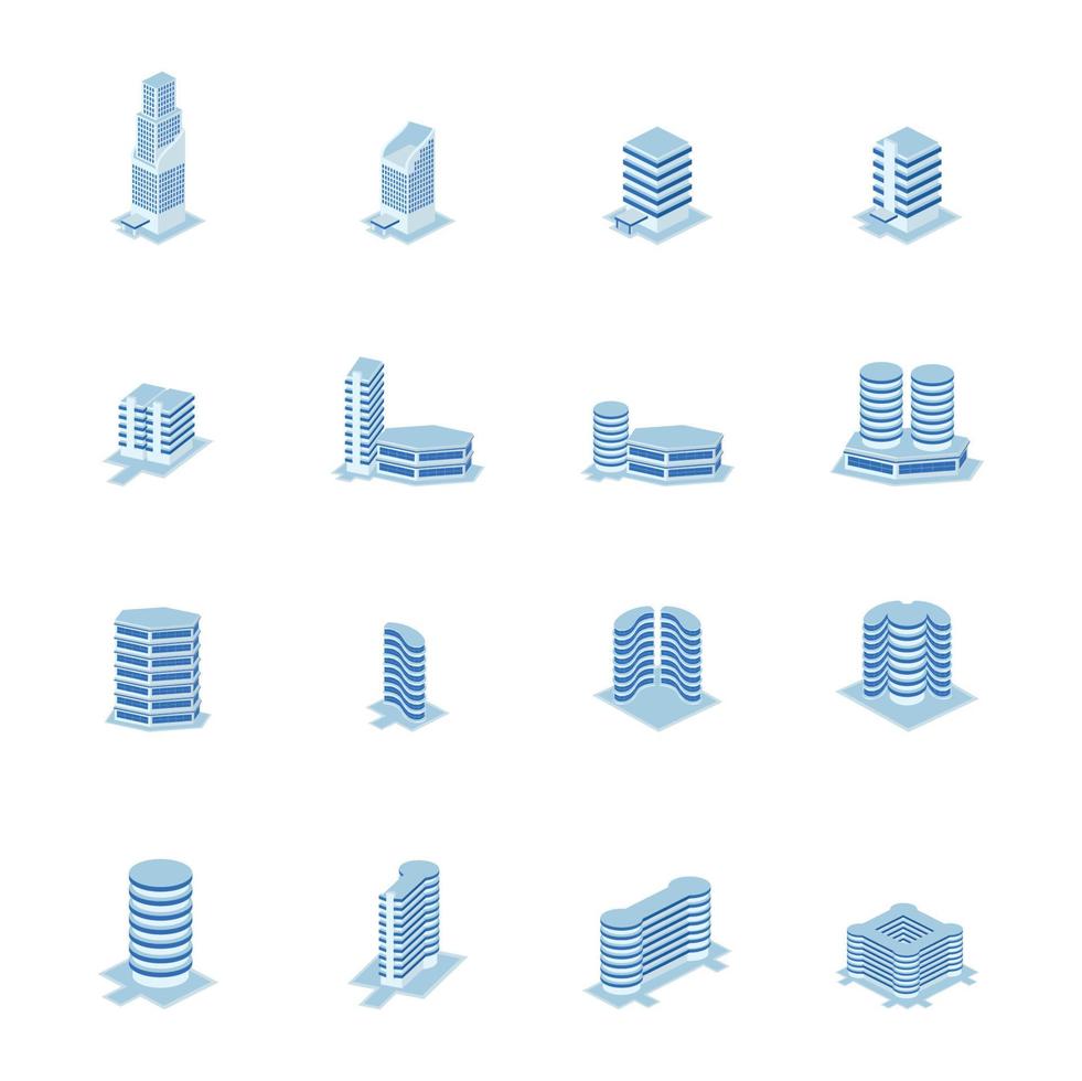 futuristisk byggnad, cirkulär och hexagon tornuppsättning - torn, lägenhet, stadskonstruktioner, stadsbild - 3d isometrisk byggnad isolerad på vitt vektor